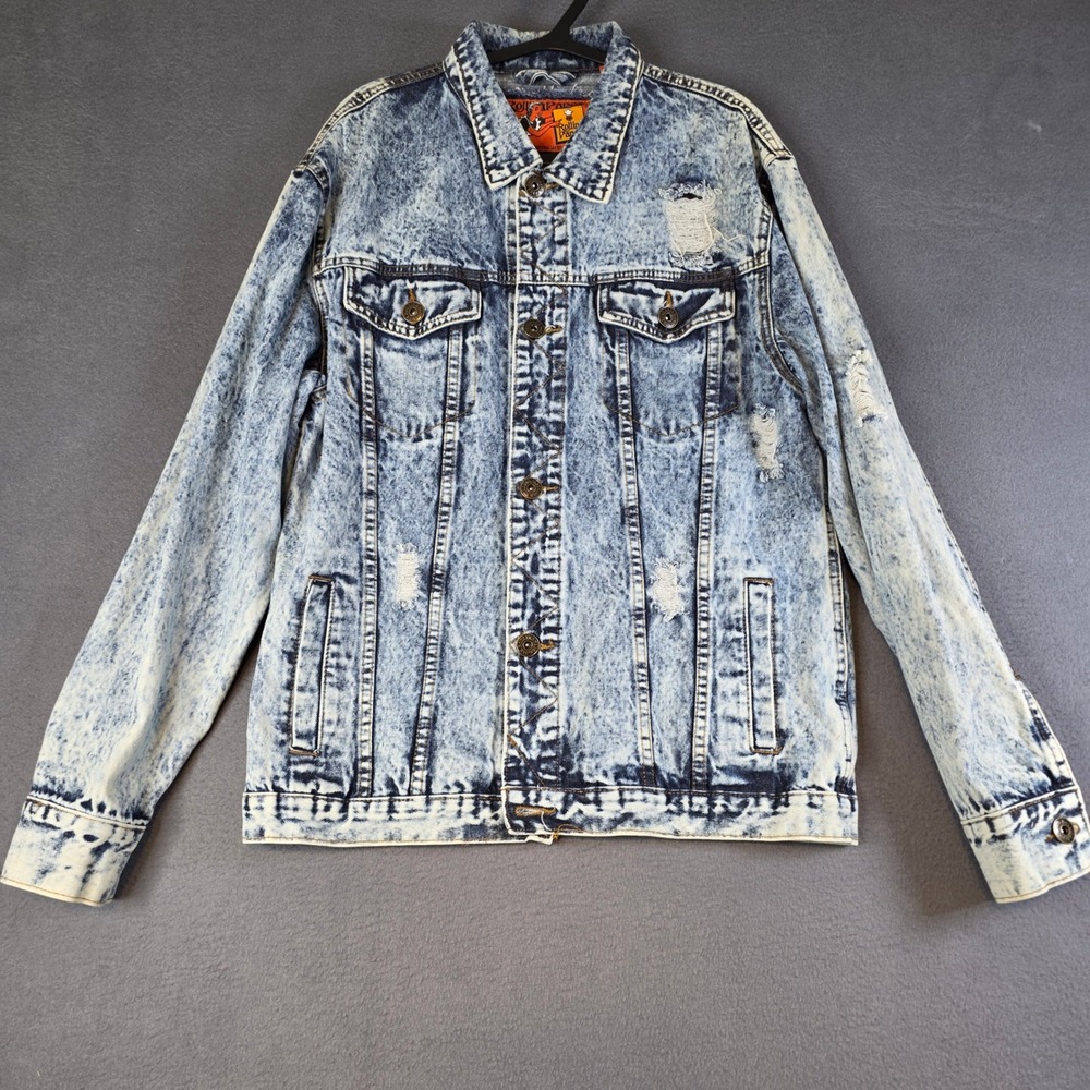 Rolling Paper Denim Jacket Mens Large Blue Acid Wash Distressed Trucker